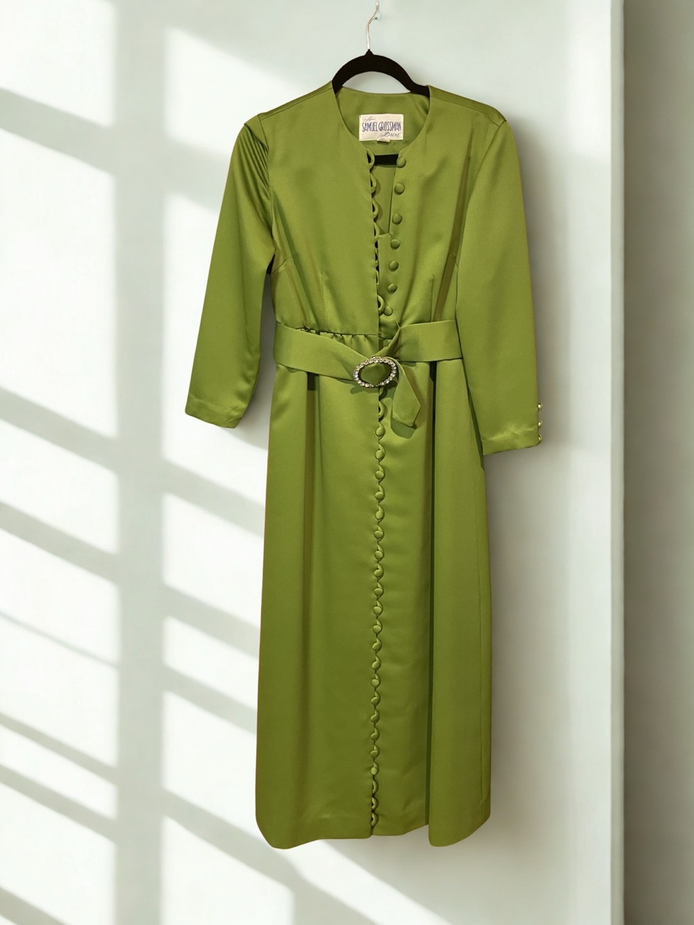 Olive Green Long-Sleeve Button Front Maxi Dress with Belt